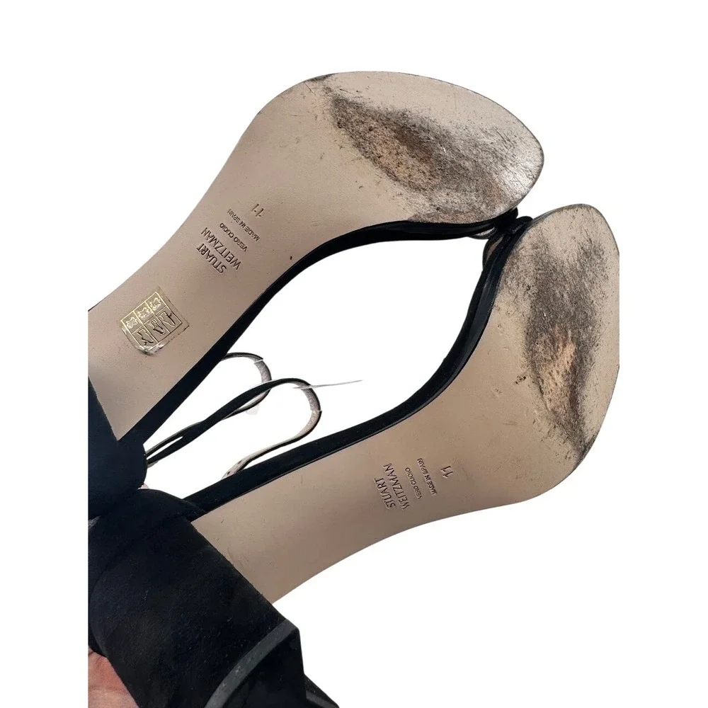 Stuart Weitzman NearlyNude Black Suede Block Heel 80MM Ankle Strap Sandals 11